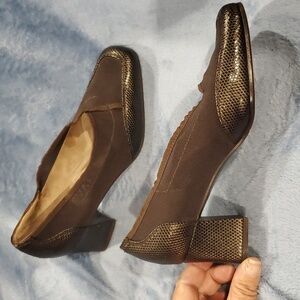 Prevata 2 inch chunky heel faux snakeskin chocolate brown shoes
